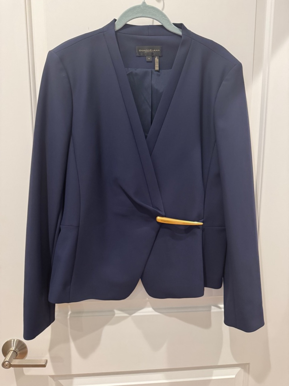 Donna Karan Navy Wrap Blazer with Gold Bar Detail